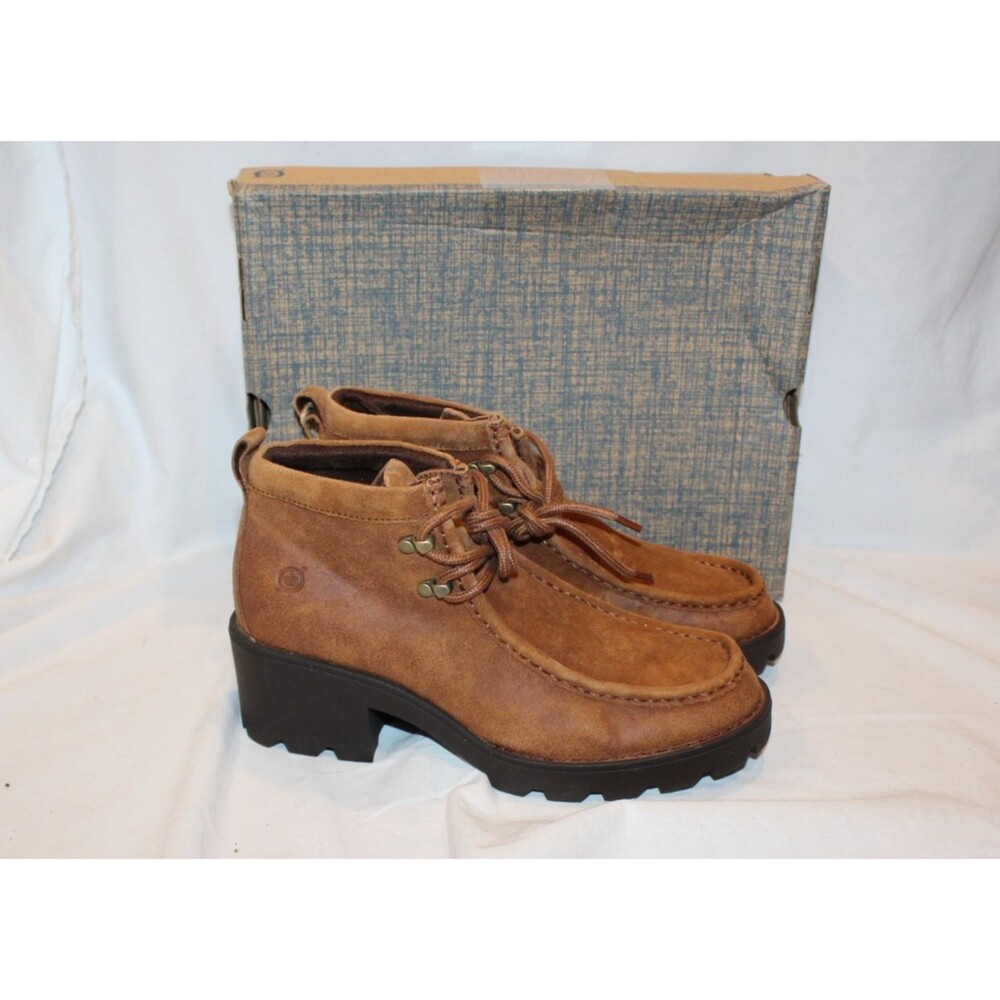 BORN  Griffin Lace-Up‎ Block Heel Bootie US 8 Tan Distressed Suede Leather